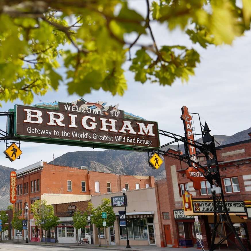 Town sign and business buildings