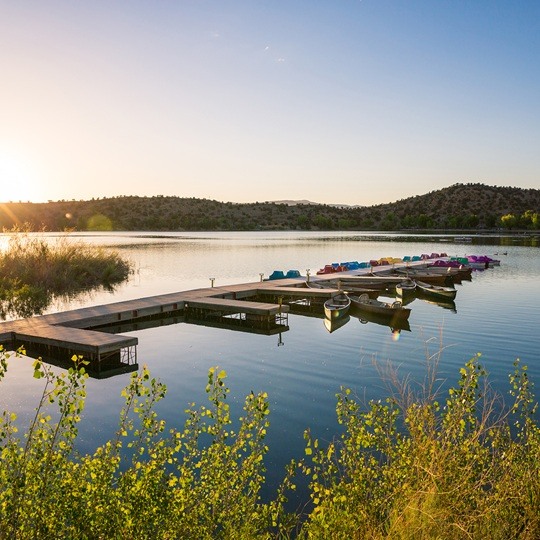 Dock with row boats and paddle boats on lake