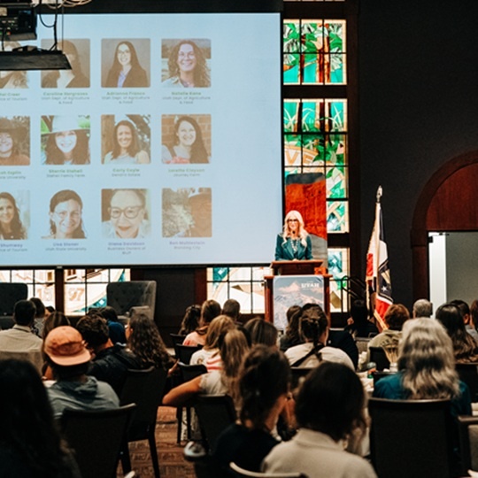 Woman giving a presentation to a crowd